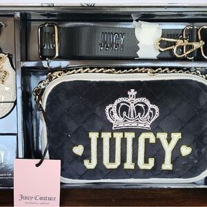 Juicy Couture 3pc Camera Bag Set Black Quilted Velour Crown NWT